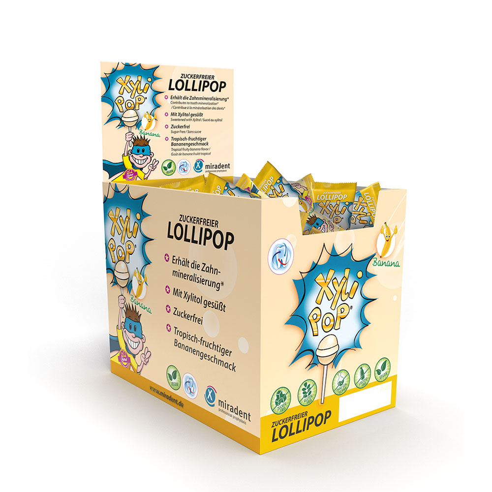miradent XyliPOP Lolly Banaan, verpakking van 50 x 6 g