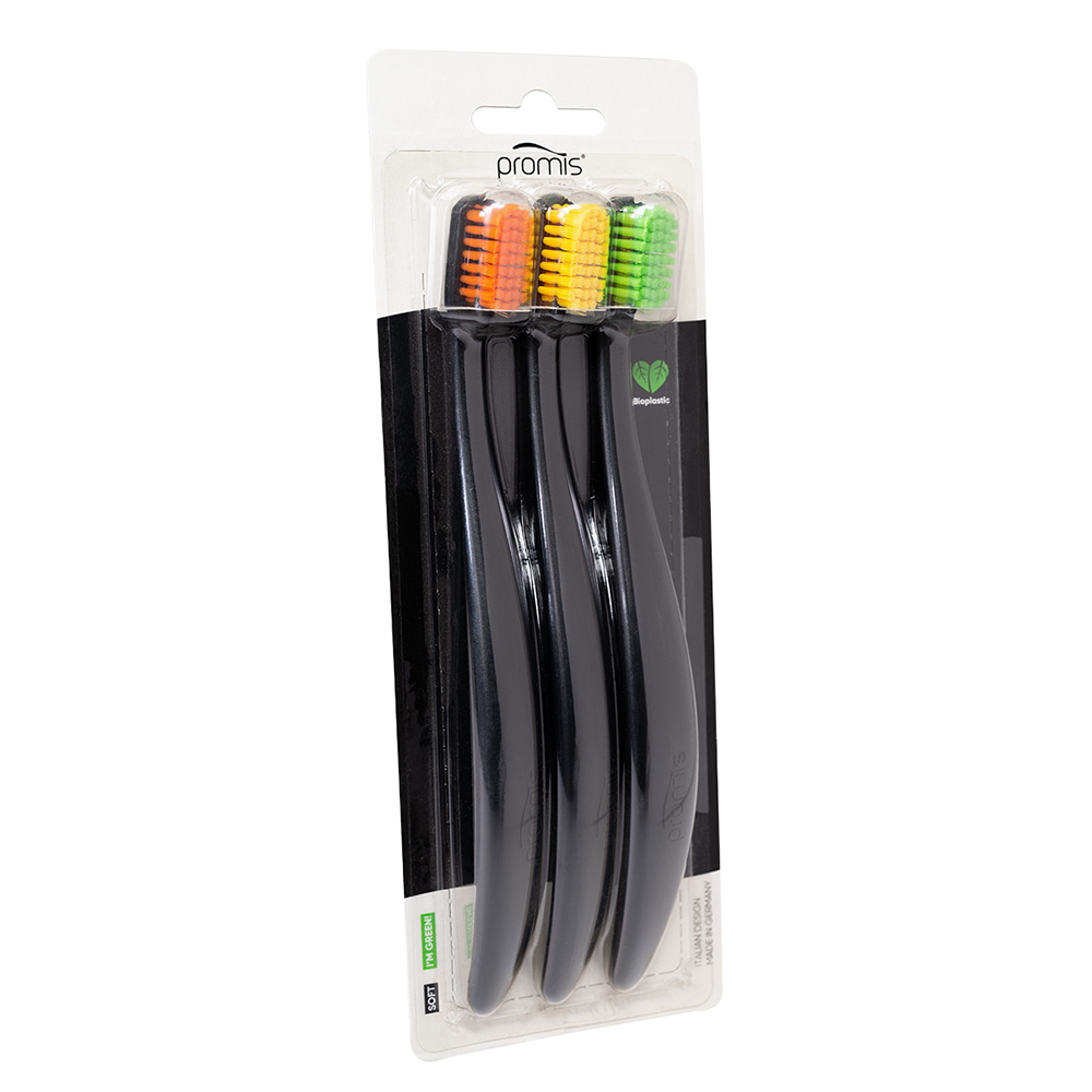Promis Trio tandenborstels Zwart/Kleur, 3 stuks