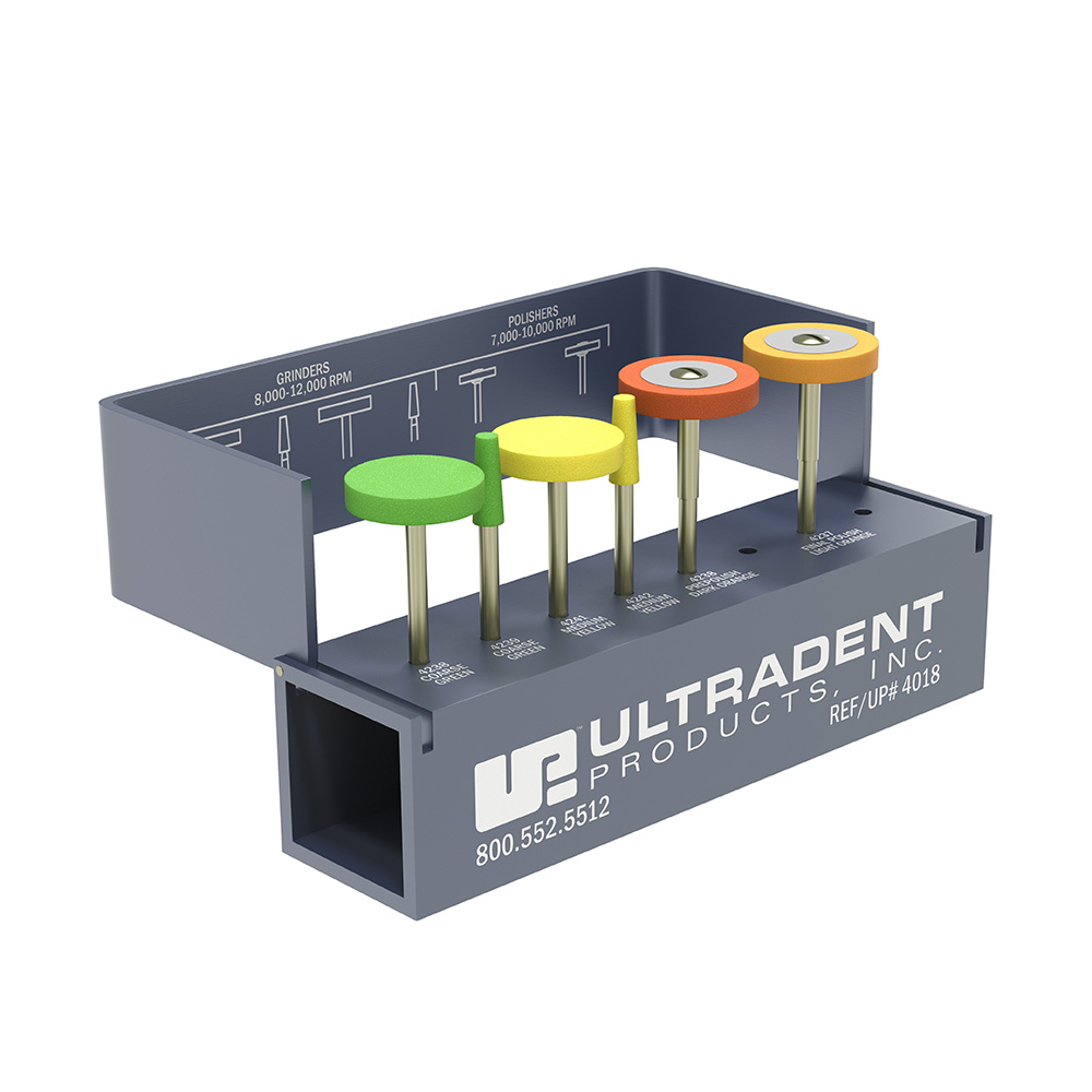 Jiffy Universal Extraoraal HP, afstel- en polijstset (elk 1x grof en middel contourwieltje, elk 1x grof en middel contourkegel, 1x middel en fijn polijstschijf, aluminium blok)